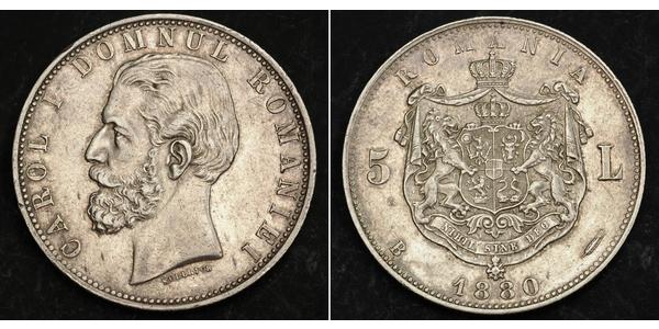 5 Leu Rumania Plata Carlos I de Rumania (1839 - 1914)