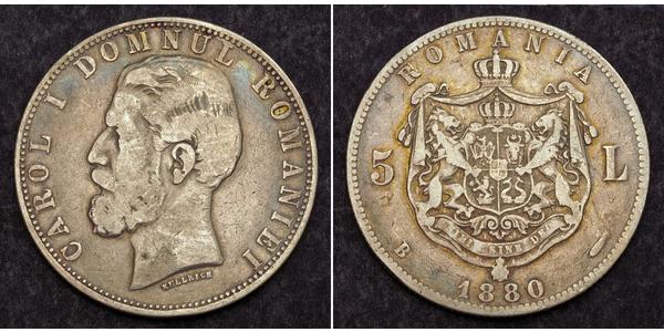 5 Leu Rumania Plata Carlos I de Rumania (1839 - 1914)