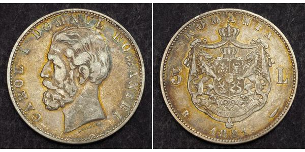 5 Leu Rumania Plata Carlos I de Rumania (1839 - 1914)