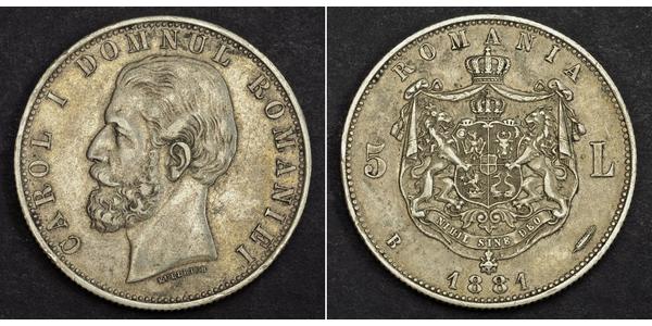 5 Leu Romania Silver Carol I of Romania (1839 - 1914)