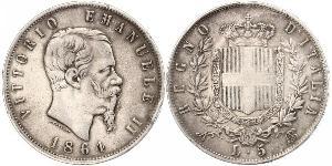 5 Lira Kingdom of Italy (1861-1946) Argent Victor Emmanuel II of Italy (1820 - 1878)