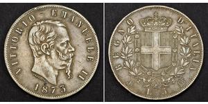 5 Lira Kingdom of Italy (1861-1946) Argent Victor Emmanuel II of Italy (1820 - 1878)