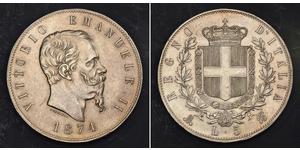 5 Lira Kingdom of Italy (1861-1946) Argent Victor Emmanuel II of Italy (1820 - 1878)