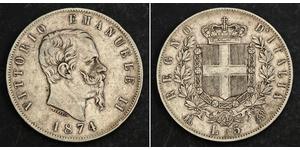 5 Lira Kingdom of Italy (1861-1946) Argent Victor Emmanuel II of Italy (1820 - 1878)