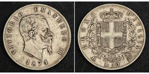 5 Lira Kingdom of Italy (1861-1946) Argent Victor Emmanuel II of Italy (1820 - 1878)