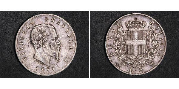 5 Lira Kingdom of Italy (1861-1946) Argent Victor Emmanuel II of Italy (1820 - 1878)