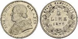 5 Lira Stato Pontificio (752-1870) Argento Papa Pio IX (1792- 1878)