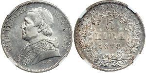 5 Lira Stato Pontificio (752-1870) Argento Papa Pio IX (1792- 1878)