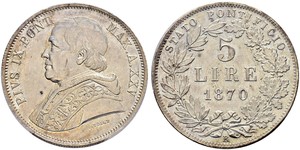 5 Lira Stato Pontificio (752-1870) Argento Papa Pio IX (1792- 1878)