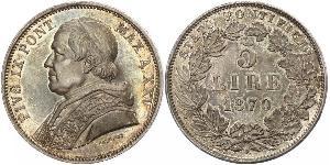 5 Lira Stato Pontificio (752-1870) Argento Papa Pio IX (1792- 1878)