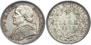 5 Lira Stato Pontificio (752-1870) Argento Papa Pio IX (1792- 1878)