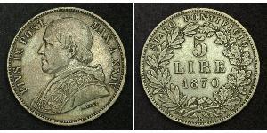 5 Lira Stato Pontificio (752-1870) Argento Papa Pio IX (1792- 1878)