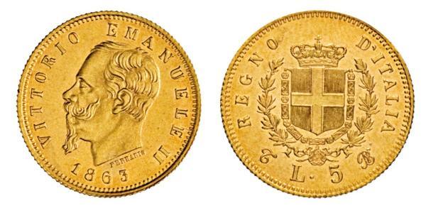 5 Lira Kingdom of Italy (1861-1946) Gold Victor Emmanuel II of Italy (1820 - 1878)