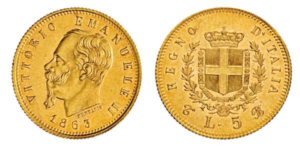 5 Lira Kingdom of Italy (1861-1946) Oro Victor Emmanuel II of Italy (1820 - 1878)