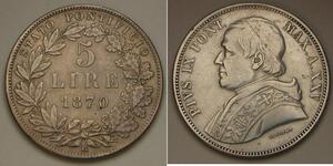 5 Lira Estados Pontificios (752-1870) Plata Pío IX (1792- 1878)
