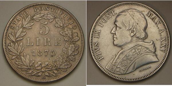 5 Lira Estados Pontificios (752-1870) Plata Pío IX (1792- 1878)