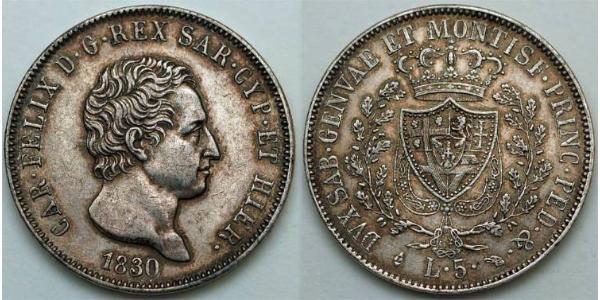 5 Lira Italian city-states Plata Carlos Félix de Cerdeña