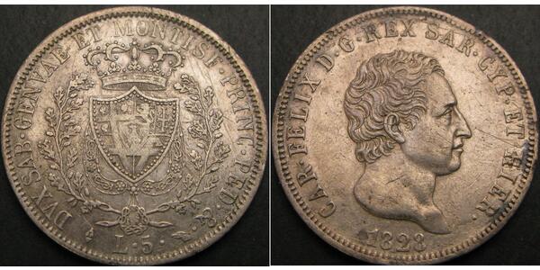 5 Lira Italian city-states Plata Carlos Félix de Cerdeña