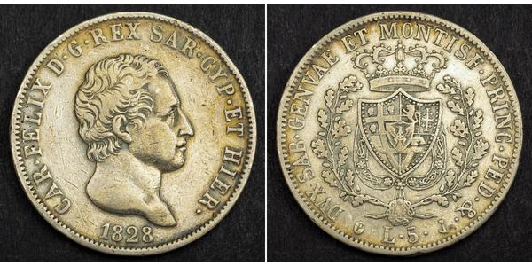 5 Lira Italian city-states Silver Charles Felix of Sardinia
