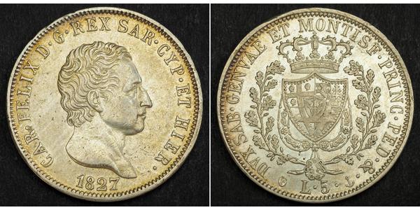 5 Lira Italian city-states Silver Charles Felix of Sardinia