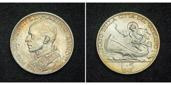 5 Lira Vatican (1926-) Silver Pope Pius XII  (1876 - 1958)