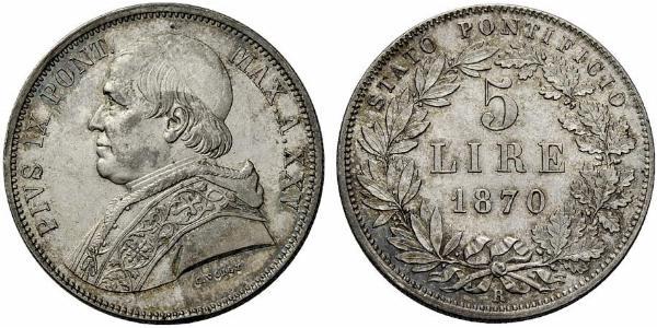 5 Lira 教皇国 (754 - 1870) 銀 Pope Pius IX (1792- 1878)