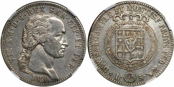 5 Lira 薩丁尼亞王國 (1324 - 1861) 銀 維托里奧·埃馬努埃萊一世