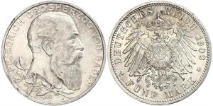 5 Mark Empire allemand (1871-1918) / Grand-duché de Bade (1806-1918) Argent Frédéric Ier de Bade (1826-1907) (1826 - 1907)