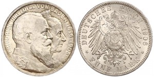 5 Mark Empire allemand (1871-1918) / Grand-duché de Bade (1806-1918) Argent Frédéric Ier de Bade (1826-1907) (1826 - 1907)