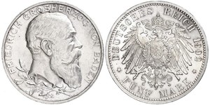 5 Mark Empire allemand (1871-1918) / Grand-duché de Bade (1806-1918) Argent Frédéric Ier de Bade (1826-1907) (1826 - 1907)