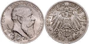 5 Mark Empire allemand (1871-1918) / Grand-duché de Bade (1806-1918) Argent Frédéric Ier de Bade (1826-1907) (1826 - 1907)