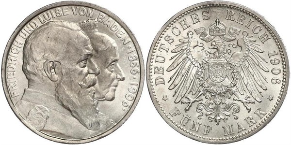 5 Mark Empire allemand (1871-1918) / Grand-duché de Bade (1806-1918) Argent Frédéric Ier de Bade (1826-1907) (1826 - 1907)