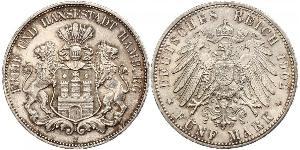 5 Mark Empire allemand (1871-1918) / Hambourg Argent 