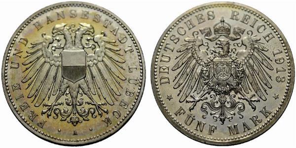 5 Mark Free City of Lübeck Argent 