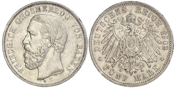 5 Mark Grand-duché de Bade (1806-1918) Argent Frédéric Ier de Bade (1826-1907) (1826 - 1907)
