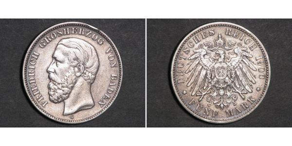 5 Mark Grand-duché de Bade (1806-1918) Argent Frédéric Ier de Bade (1826-1907) (1826 - 1907)