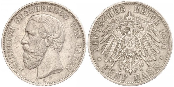 5 Mark Grand-duché de Bade (1806-1918) Argent Frédéric Ier de Bade (1826-1907) (1826 - 1907)