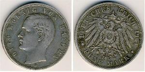 5 Mark Royaume de Bavière (1806 - 1918) Argent Othon Ier de Bavière(1848 – 1916)