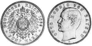 5 Mark Royaume de Bavière (1806 - 1918) Argent Othon Ier de Bavière(1848 – 1916)
