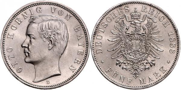5 Mark Royaume de Bavière (1806 - 1918) Argent Othon Ier de Bavière(1848 – 1916)