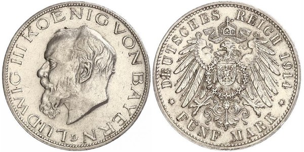 5 Mark Royaume de Bavière (1806 - 1918) Argent Louis III de Bavière (1845 – 1921)