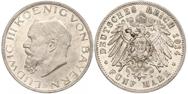 5 Mark Royaume de Bavière (1806 - 1918) Argent Louis III de Bavière (1845 – 1921)