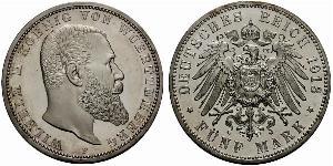 5 Mark Royaume de Wurtemberg (1806-1918) Argent Wilhelm II, German Emperor (1859-1941)