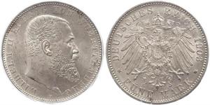 5 Mark Royaume de Wurtemberg (1806-1918) Argent Wilhelm II, German Emperor (1859-1941)