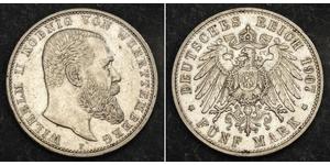 5 Mark Royaume de Wurtemberg (1806-1918) Argent Wilhelm II, German Emperor (1859-1941)