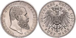 5 Mark Royaume de Wurtemberg (1806-1918) Argent Wilhelm II, German Emperor (1859-1941)