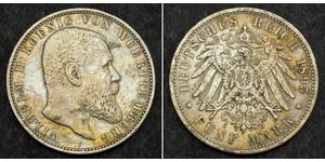 5 Mark Royaume de Wurtemberg (1806-1918) Argent Wilhelm II, German Emperor (1859-1941)