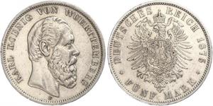 5 Mark Royaume de Wurtemberg (1806-1918) Argent Charles Ier de Wurtemberg