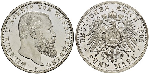 5 Mark Royaume de Wurtemberg (1806-1918) Argent Wilhelm II, German Emperor (1859-1941)