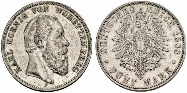 5 Mark Royaume de Wurtemberg (1806-1918) Argent Charles Ier de Wurtemberg